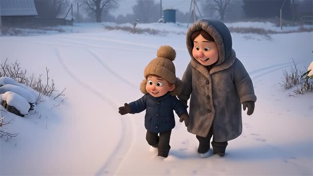 Cartoon Mother and Son Walking in a Snowy Russian Village