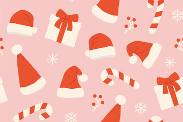 christmas, holiday seamless pattern with santa hats, gift boxes, candy canes and snowflakes; great for greeting cards wrapping paper, wallpaper- vector illustration