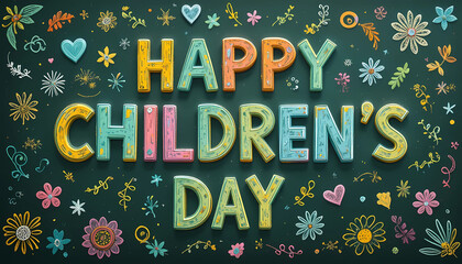 Happy childrens day greeting card with colorful flowers and confetti on dark green background