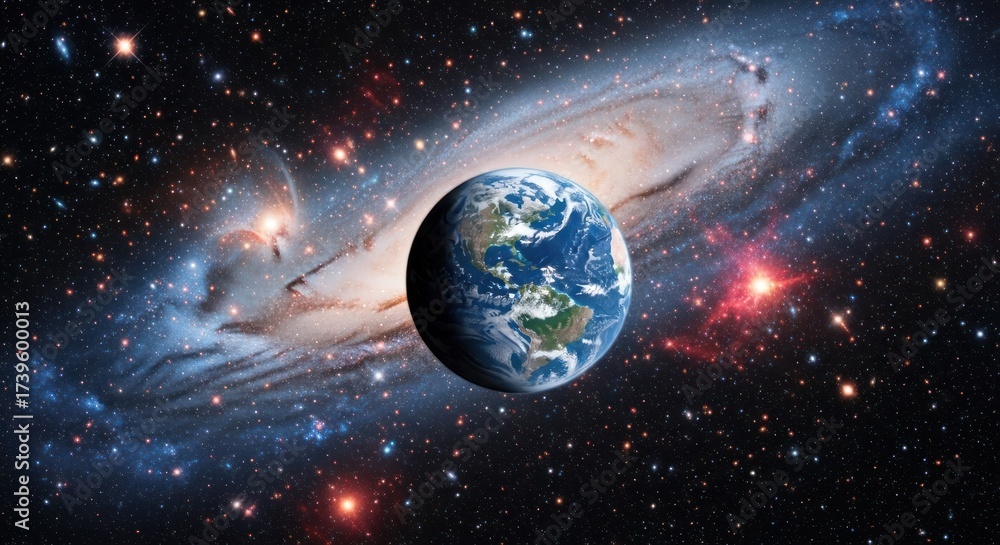 Wall mural earth floats in front of a distant galaxy, surrounded by nebulas and stars