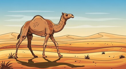 Camel Walking Across Vast Desert Landscape Under Blue Sky.