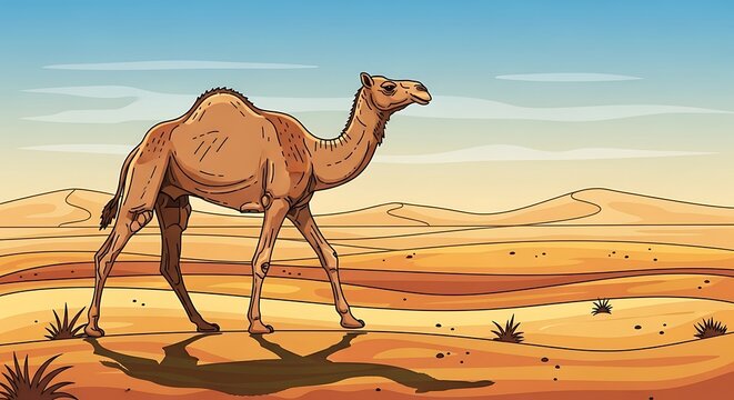 Camel Walking Across Vast Desert Landscape Under Blue Sky. - Powered by Adobe
