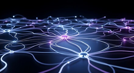 Abstract network of glowing nodes connected by lines on a dark background with a shallow depth of field