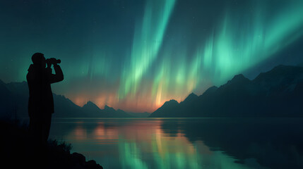 Silhouette of a person observing the aurora borealis over a lake, mountains in the background. The sky is filled with colors.