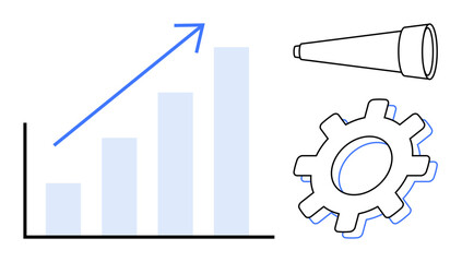 Bar chart with ascending growth, upward arrow, gear symbolizing optimization, and telescope for vision. Ideal for business, strategy, innovation, improvement, planning future goals collaboration