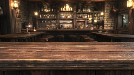 Wooden bar top, vintage pub interior, empty space, for product display