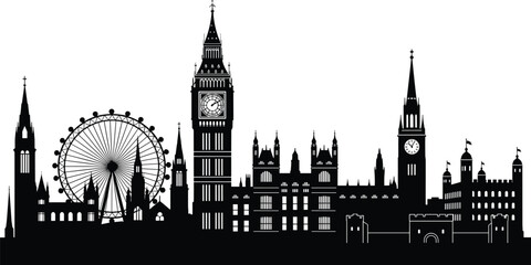 Fototapeta premium London skyline silhouette, cityscape vector, famous landmarks illustration, British architecture, black and white London panorama, travel icon, historic monument design