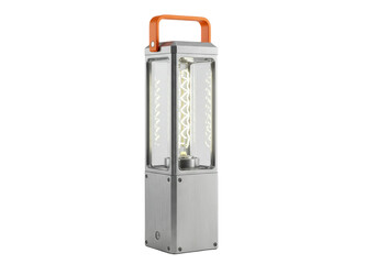 Modern silver lantern with orange handle isolated on transparent background, portable LED lamp for camping and outdoor lighting