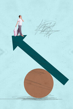 Collage with person observing rising arrow symbolizing startup growth business income statistics trading decrease increase