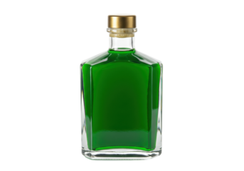 Square glass bottle with green liquid isolated, vintage style bottle for spirits or liquor on a clean background