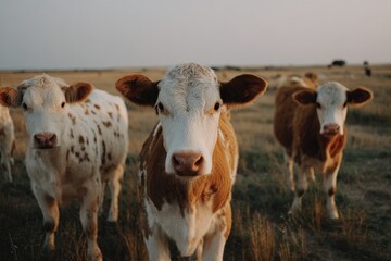 Three cows with distinct markings stare at the camera in a grassy field under warm sunlight