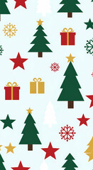 Seamless Christmas pattern with festive trees, gifts, stars, and snowflakes on a light blue background.
