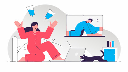 A young woman in red pajamas is expressing surprise in her home office, with a cat nearby and a man on a video call.