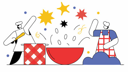 A cheerful chef and a joyful cook bring vibrant ingredients into a mixing bowl, embodying the joy of culinary creativity.