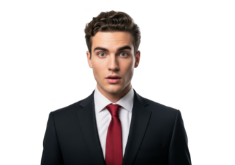 Surprised businessman shocked face expression portrait stock photo image for business use, man in suit and tie, isolated on transparent background