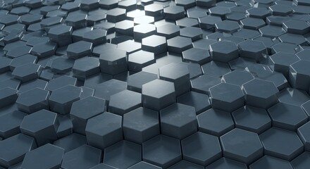Abstract background of dark metallic hexagonal shapes creating a textured 3D surface with varying heights and reflective highlights.