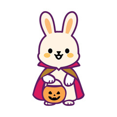 Obraz premium Halloween Bunny Cartoon – Cute Vampire Rabbit Character with Pumpkin Candy Bucket for Kids Trick-or-Treat Illustration, Festive Clipart, and Whimsical Design
