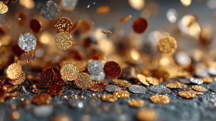 Colorful glitter particles scattered on a surface. The scene features a mix of gold, silver, and bronze circular sequins, creating a festive atmosphere.