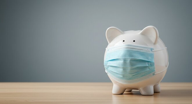 Piggy bank wearing a medical face mask symbolizing financial protection - Powered by Adobe