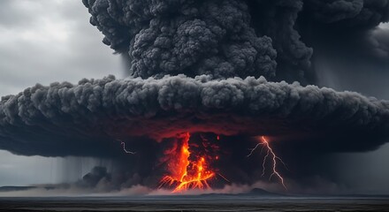 Volcanic Eruption with Lightning and Ash Cloud.