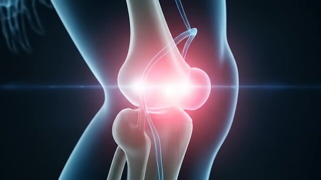 Detailed illustration of a human knee joint highlighting pain area with glowing effects, set against a dark background