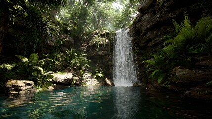 Captivating landscape depicting a cascading waterfall flowing into a serene, turquoise pool within a lush, green forest, featuring vibrant foliage and rocky textures under natural light, creating a...