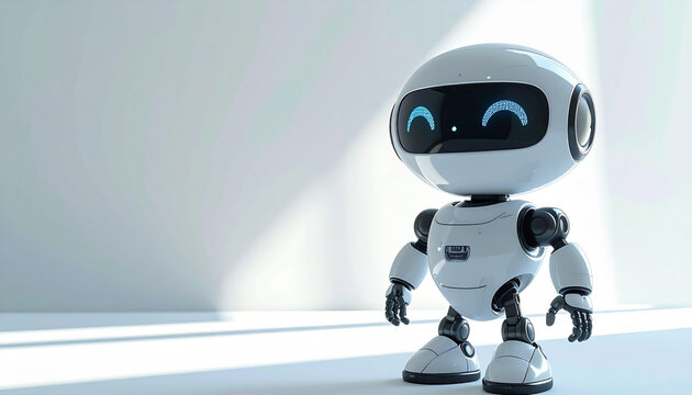 Futuristic friendly android character with a happy digital face. A 3D render of a helpful AI assistant for modern technological innovation