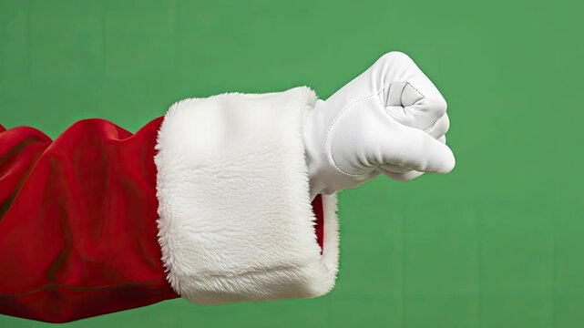 A persons arm clad in a red sleeve with a plush white fur cuff and a white glove is shown making a fist against a solid green background