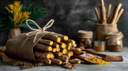 close-up side view of cleaned turmeric rhizomes or roots, curcuma longa, commonly used spice in cooking and medicine, root-like structure, on a table top with black blurry wall background, soft focus