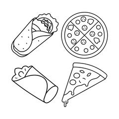 Set Of Simple line art drawing of delicious burritos pizza slices and a whole pizza