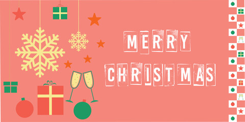 Happy Christmas Day banner, poster, greeting card with realistic decorative elements on pink background,