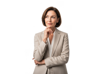 Thoughtful mature businesswoman pondering strategy, professional female executive analyzing isolated on transparent background