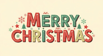 Festive 'Merry Christmas' greeting with decorative text, snowflakes, and stars on a cream background.