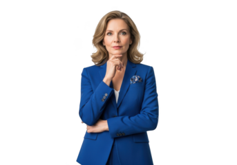 Professional woman in blue suit thinking portrait, businesswoman posing, isolated cutout image, png file, isolated on transparent background