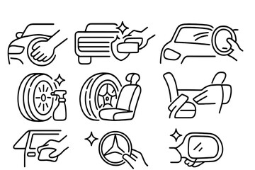 Classic Car Detailing Icons. Line style icons of classic car detailing: hand polish, chrome detailing, emblem cleaning, windshield