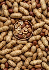 Peanuts and Peanuts Shells in a Wooden Bowl on a Bed of Whole Peanuts