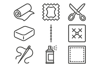 Upholstery Tools Icons. Line style icons of upholstery materials and tools: leather roll, vinyl swatch, fabric scissors, foam