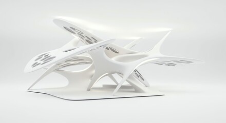 Futuristic White Architectural Sculpture with Organic Curves and Surreal Design in Studio Setting