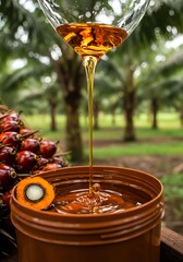 Tropical Fruit Harvesting Scene with Palm Trees and Ripe Fruit Dripping Honey
