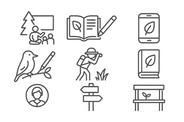 Rewilding Education Icons. Line style icons of rewilding education: outdoor class, nature journal, digital learning app, wildlife