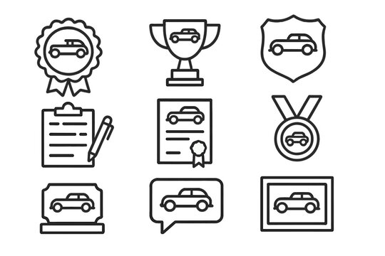 Vintage Car Award Icons. Line style icons of vintage car awards: best in show ribbon, restoration trophy, concours badge, judge’s