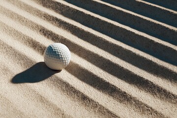 Golf ball in sand trap with rake lines, harsh shadows, bright sun, hyper-realistic composition