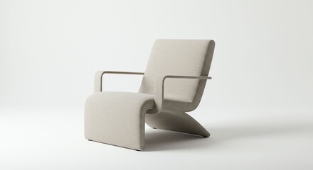 Modern Beige Armchair with Curved Design and Wooden Armrests in Minimalist Setting