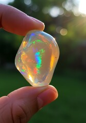 Hand Holding Iridescent Opal Stone with Natural Sunlight in Outdoor Setting