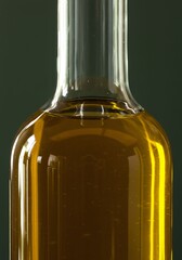 Glass Bottle Filled with Golden Oil on Dark Background