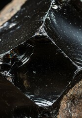 Close Up of Black Ice Cube with Glimmering Surface and Water Droplets in Dark Environment