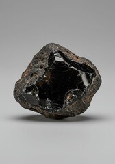 Black Volcanic Rock with Glossy Mineral Interior on Neutral Gray Background