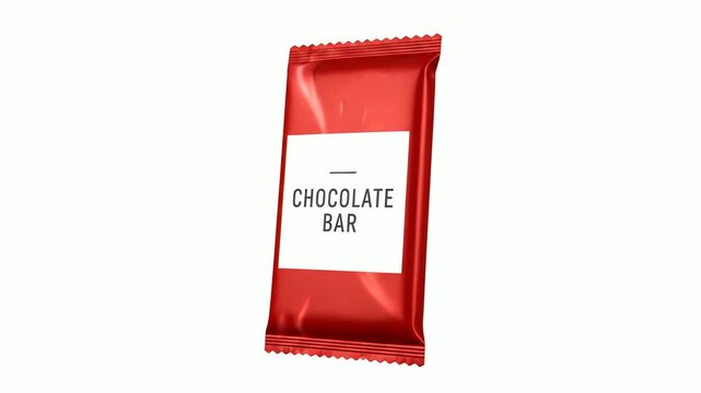 Red wrapped chocolate bar sits on white surface in studio lighting, creating clean and minimalist product shot for advertising and marketing.