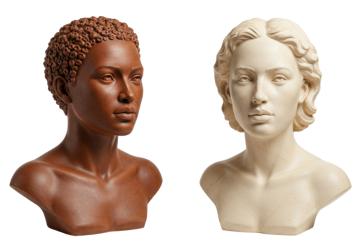 Two female bust sculptures isolated on transparent background, diverse art pieces in brown and white stone for decoration and design - Powered by Adobe