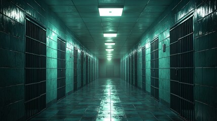 Gloomy corridor with barred cells, tile floors, and fluorescent lighting
